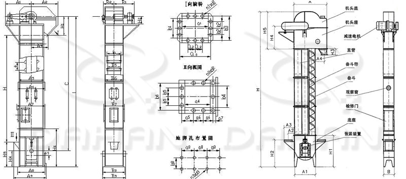 TD/D型斗式提升機基本結(jié)構(gòu):機頭蓋，機頭座，減速電機，直管，底座，緊張裝置等。