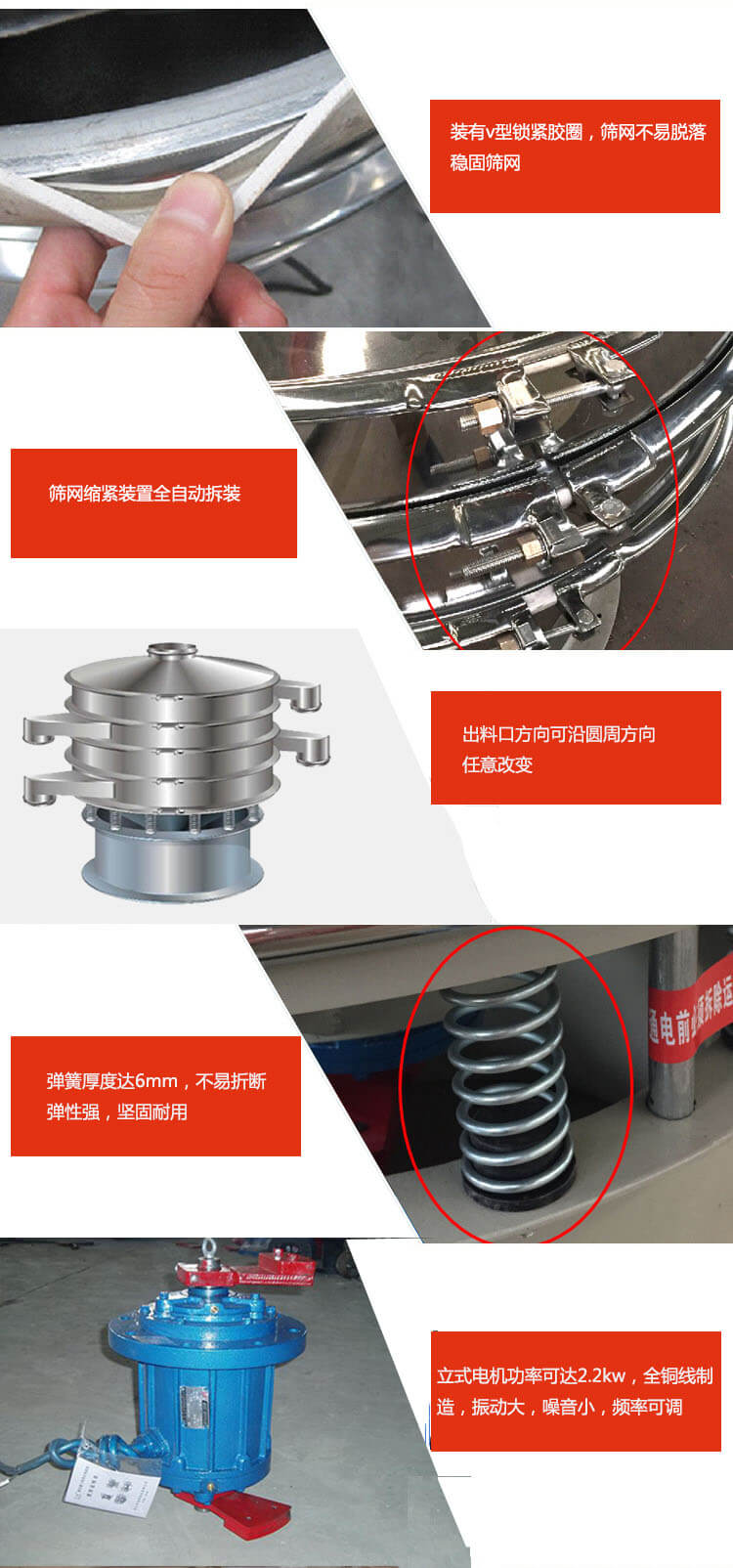 裝有V型鎖緊膠圈，使篩網(wǎng)不易脫落穩(wěn)固篩網(wǎng)，篩網(wǎng)鎖緊裝置，全自動拆裝，出料口方向可沿圓周方向任意改變。彈簧厚度達6mm，不易折斷，彈性強，堅固耐用。專業(yè)的振動電機，全銅線制造，振動大，機械噪音小，頻率可調(diào)。產(chǎn)品對比:材質(zhì)：大漢振動篩廠家采用304不銹鋼材質(zhì)耐腐蝕性，耐熱性強。個別廠家采用其它金屬材質(zhì)，耐腐蝕性，耐熱性差蒸發(fā)緩慢，烘干效率較低。大漢振動篩廠家采用金屬編織網(wǎng)，篩分精度高，效率高，篩網(wǎng)利用率高。