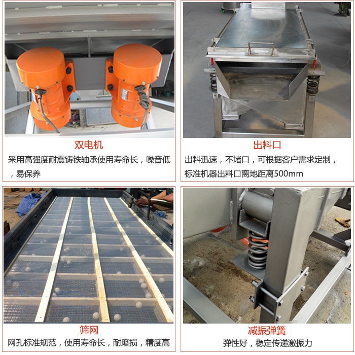 線振動篩配件優(yōu)勢：雙電機采用高強度耐震鑄鐵軸承使用壽命長，噪音低，易保養(yǎng)，出料口：出料迅速，不堵口，可根據(jù)客戶需求定制標(biāo)準(zhǔn)機器出料口離地距離500mm。篩網(wǎng)：網(wǎng)孔標(biāo)準(zhǔn)規(guī)范，使用壽命長，耐磨損，精度高。減震彈簧彈性好，穩(wěn)定傳遞激振力。