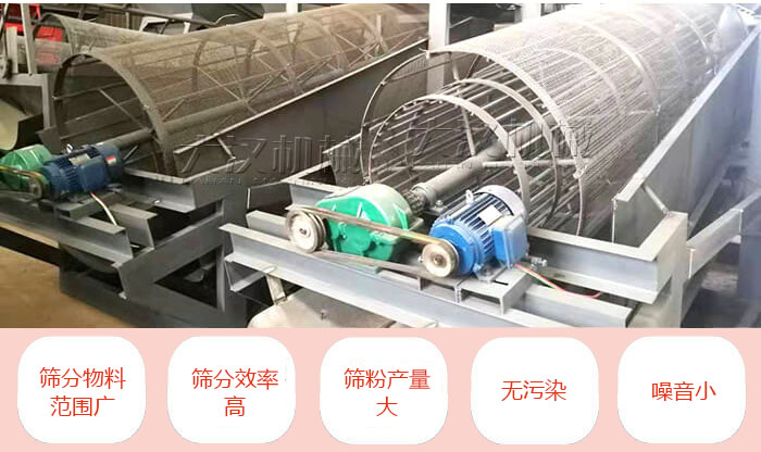 滾筒篩分機(jī)主要特點(diǎn)：篩分物料范圍廣，篩分效率高，篩分產(chǎn)量大，無(wú)污染，噪音小。