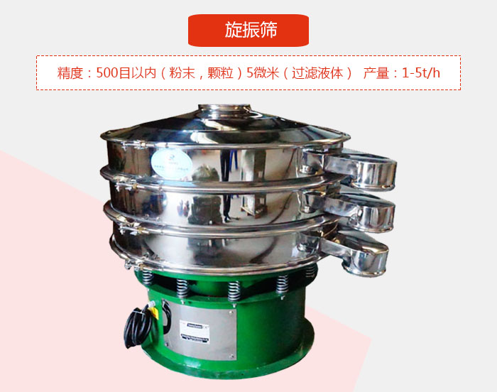 旋振篩精度：500目以內(nèi)（粉末，顆粒）5微米（過濾液體）產(chǎn)量：1-5t/h