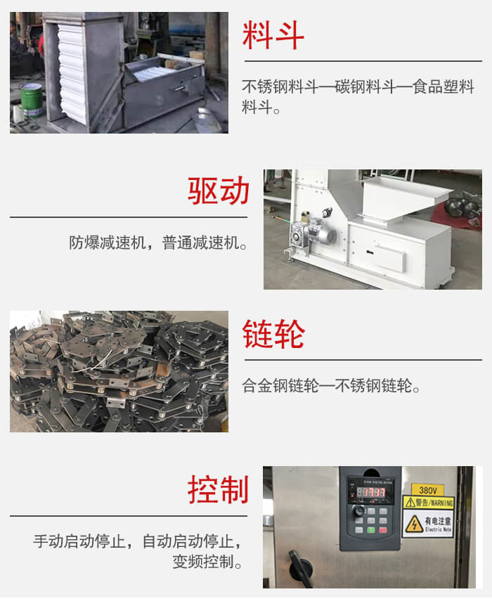 z型斗式提升機(jī)料斗：不銹鋼料斗-碳鋼料斗-食品塑料料斗。驅(qū)動(dòng)裝置采用的式防爆減速機(jī)，普通減速機(jī)兩種。鏈輪采用合金鏈輪-不銹鋼鏈輪控制器：手動(dòng)啟動(dòng)/停止，以及自動(dòng)啟動(dòng)停止。