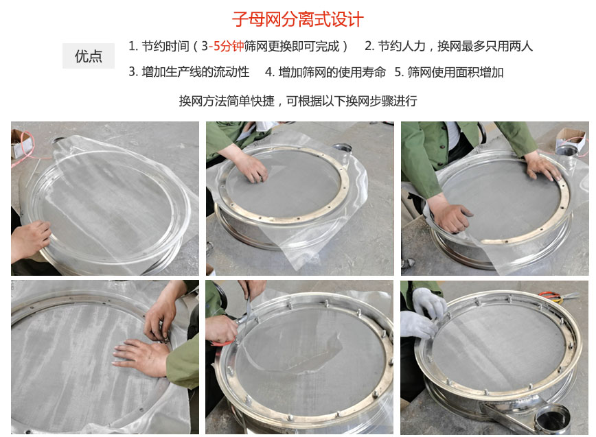 大漢振動機械換網(wǎng)優(yōu)勢：1，節(jié)省時間（3-5分鐘篩網(wǎng)更換即可完成）2，節(jié)省人力，換網(wǎng)只有兩人。3.增加生產(chǎn)線的流暢性。4.增加篩網(wǎng)壽命，彈跳球不直接撞擊子網(wǎng)。5.篩網(wǎng)使用面積增加。