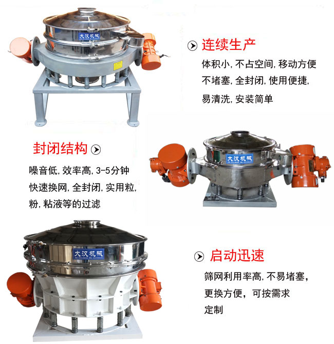 直徑1000mm直排篩特點(diǎn)：連續(xù)生產(chǎn)：體積小，不占空間，移動(dòng)方便，不堵塞，全封閉，使用便捷，易清洗，安裝簡(jiǎn)單。封閉結(jié)構(gòu)：噪音低，效率高，3-5分鐘，快速換網(wǎng)，全封閉，實(shí)用粒，粉粘液等的過(guò)濾。啟動(dòng)迅速：篩網(wǎng)利用率高，不易堵塞，更換方便，可按需求定制。