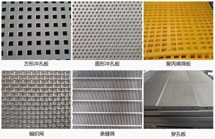 直線(xiàn)振動(dòng)篩篩網(wǎng)分方形沖孔板，圓形沖孔板，聚丙烯篩板，編織網(wǎng)，條縫篩，穿孔板等。