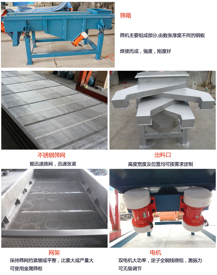 520型直線(xiàn)振動(dòng)篩結(jié)構(gòu)：篩箱：篩機(jī)主要組成部分，由數(shù)張厚度不同的鋼板焊制而成，強(qiáng)度，剛度好。不銹鋼篩網(wǎng)：能迅速換網(wǎng)，迅速?gòu)埦o。電機(jī)：雙電機(jī)大功率，定子全銅線(xiàn)繞組，激振力可無(wú)極調(diào)節(jié)。網(wǎng)架：保持篩網(wǎng)的緊繃和平整，比重大或產(chǎn)量大時(shí)可使用金屬篩框。出料口：高度寬度及位置均可按照用戶(hù)的要求來(lái)定制。