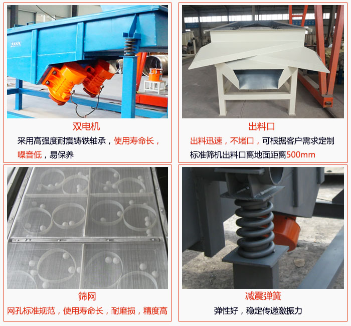 1030直線振動篩雙電機(jī)采用高強(qiáng)度耐震鑄鐵軸承使用壽命長、噪音低，易保養(yǎng)；出料口排料迅速，不堵口，可根據(jù)客戶需求定制，標(biāo)準(zhǔn)機(jī)器出料口離地面距離500mm;篩網(wǎng)網(wǎng)孔標(biāo)準(zhǔn)規(guī)范、使用壽命長，耐磨損、精度高；減震彈簧：彈性好，穩(wěn)定傳遞激振力。