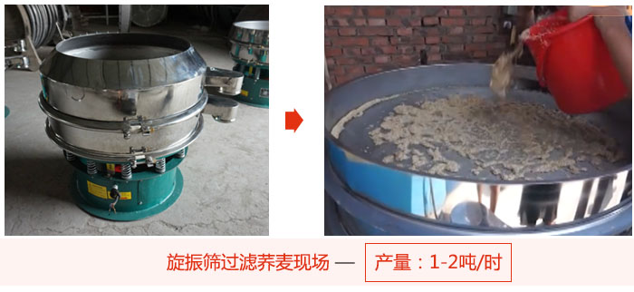 旋振篩過濾蕎麥現(xiàn)場，產(chǎn)量可達2噸每小時。