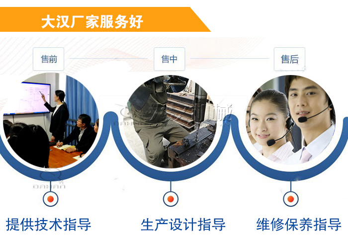 大漢廠家服務(wù)流程：售前-售中-售后：提供技術(shù)指導(dǎo)，生產(chǎn)設(shè)計指導(dǎo)，維修保養(yǎng)指導(dǎo)。