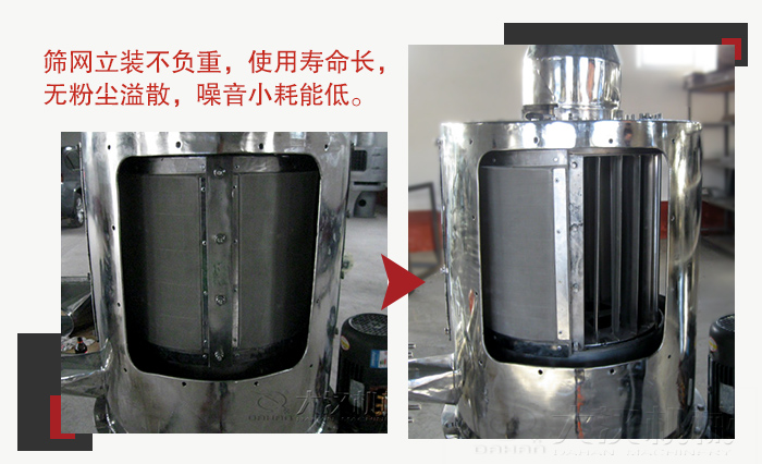 氣流篩采用立式篩網(wǎng)，不受物料的沖擊力的影響，篩網(wǎng)使用壽命長