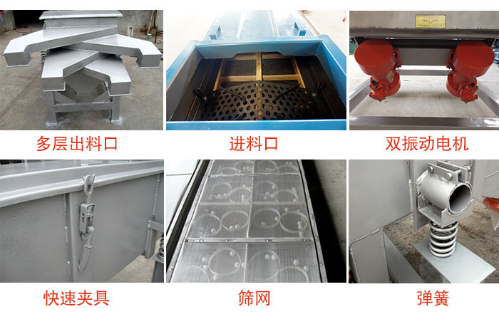 多層直線振動(dòng)篩出料口，篩網(wǎng)，彈簧，快速夾具，振動(dòng)電機(jī)等