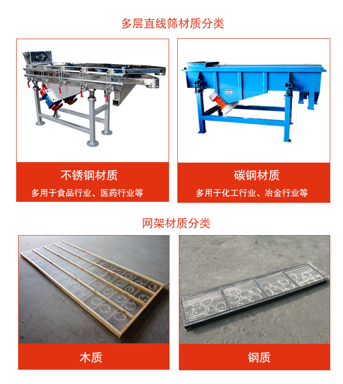 多層直線振動(dòng)篩材質(zhì)有：不銹鋼，碳鋼；網(wǎng)架材質(zhì)有木質(zhì)，鋼質(zhì)等。