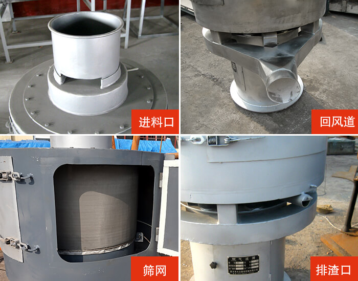 氣流篩分機(jī)進(jìn)料口，回風(fēng)道，篩網(wǎng)，排渣口。
