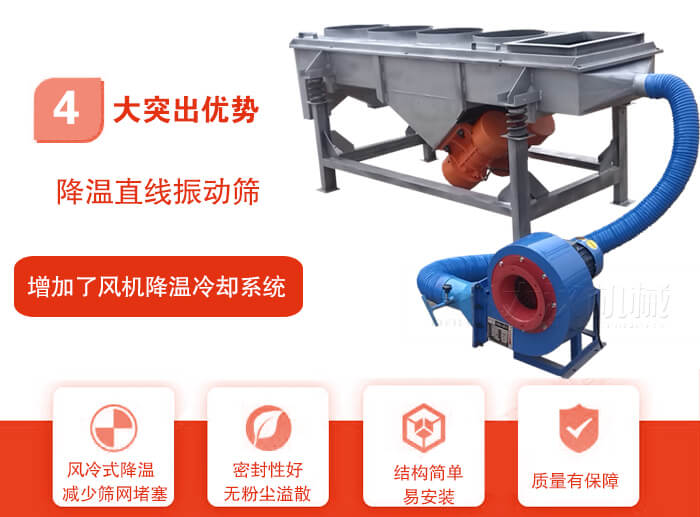 降溫直線振動篩性能特點(diǎn)：1，技術(shù)成熟，質(zhì)量可靠，篩分精度高，處理量大。2，風(fēng)冷式降溫系統(tǒng)設(shè)計(jì)，快速有效降溫。3，適用范圍廣，可應(yīng)用于各種需要降溫的物料。4，設(shè)計(jì)精巧合理，結(jié)構(gòu)簡單，易安裝，耗能少，噪音低5，篩網(wǎng)使用壽命長，換網(wǎng)更方便，快捷6，設(shè)備整體密封性好，無粉塵溢散。