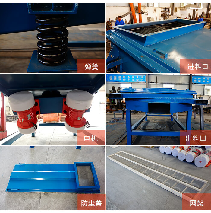 1035直線振動篩細節(jié)展示：出料口，振動彈簧，振動電機，進料口。