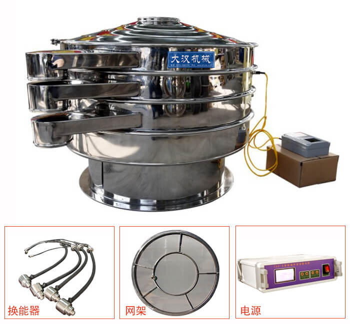  全不銹鋼超聲波振動篩內(nèi)部組成：換能器，網(wǎng)架，電源。