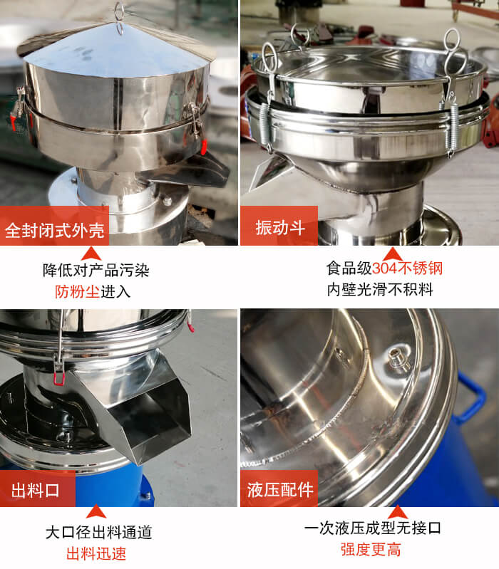 450過(guò)濾篩機(jī)結(jié)構(gòu)組成：全封閉式外殼設(shè)計(jì)：對(duì)產(chǎn)品的污染低，防塵粉進(jìn)入電機(jī)內(nèi)部延長(zhǎng)設(shè)備壽命。振動(dòng)斗：食品304不銹鋼篩斗，內(nèi)壁光滑不存在積料現(xiàn)象。出料口，大口徑出料通道，出料迅速，提高工作效率。液壓配件：一次液壓成型無(wú)接口強(qiáng)度更高。