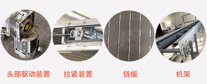 鏈板輸送機(jī)結(jié)構(gòu)：頭部驅(qū)動(dòng)裝置，拉緊裝置，鏈板，機(jī)架等圖片展示