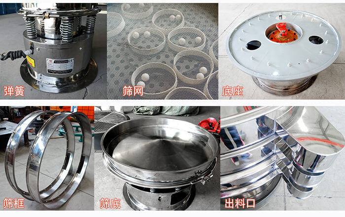 細(xì)節(jié)展示：篩框，篩網(wǎng)，振動底座，振動體，出料口。