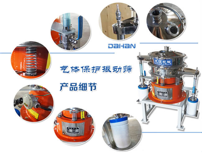 氣體保護(hù)振動篩細(xì)節(jié)：振動彈簧，手動閥門，料罐等。