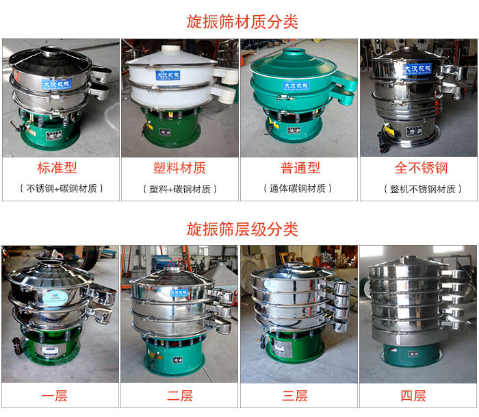 旋振篩材質分類：塑料，全不銹鋼等旋振篩層級分類：一層，兩層，三層，四層等。